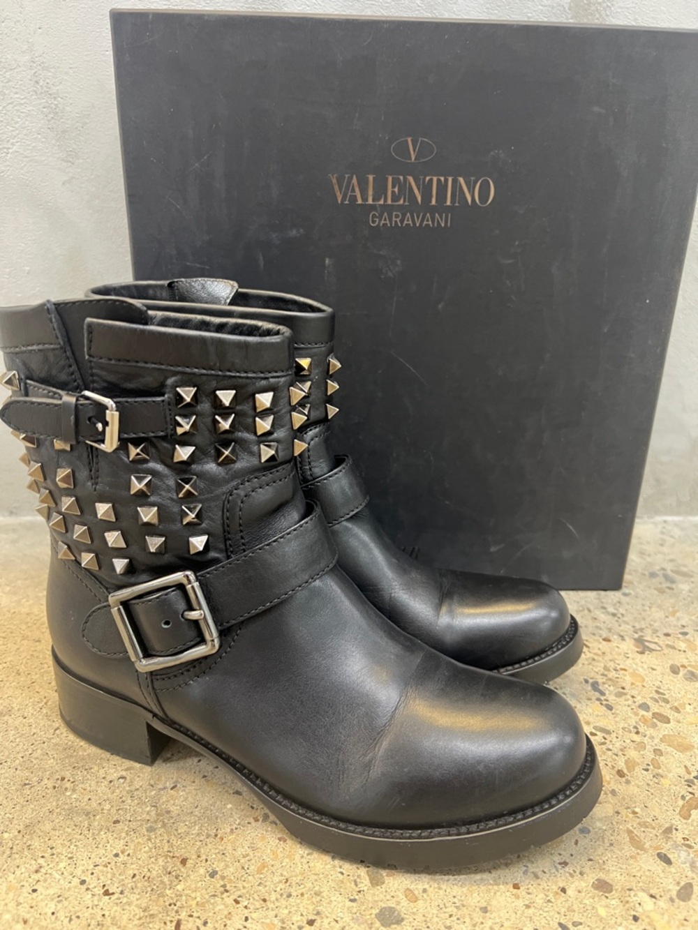 Valentino Garavani Black Studded Buckle Leather Ankle Boots